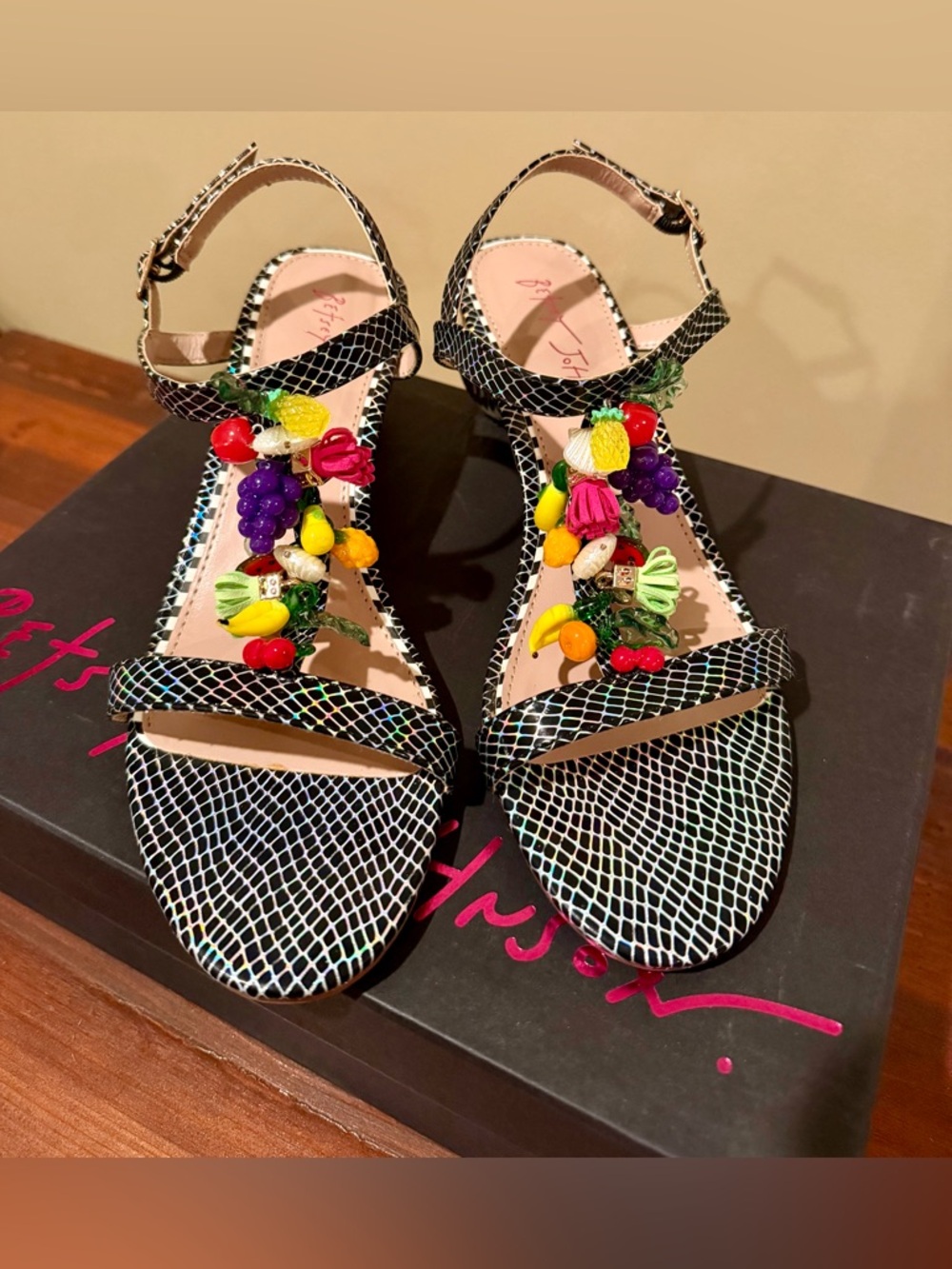 Betsey Johnson Black Snakeskin-Print T-Strap Sandals with Multicolor Fruit Beads